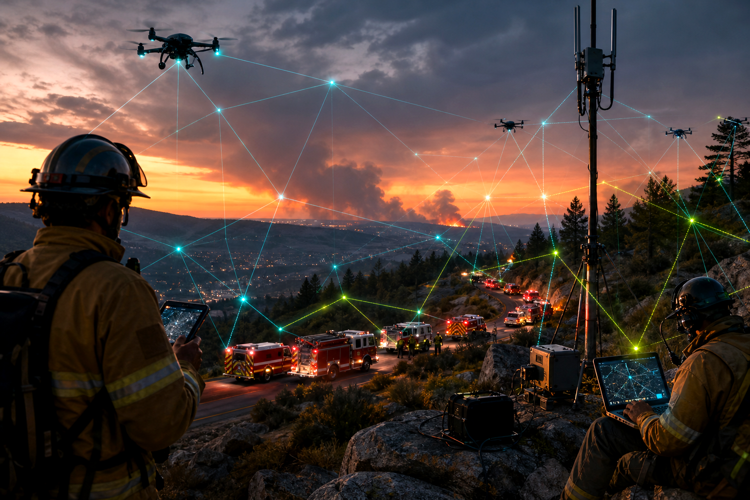 First responder drones and emergency crews coordinating during a wildfire evacuation