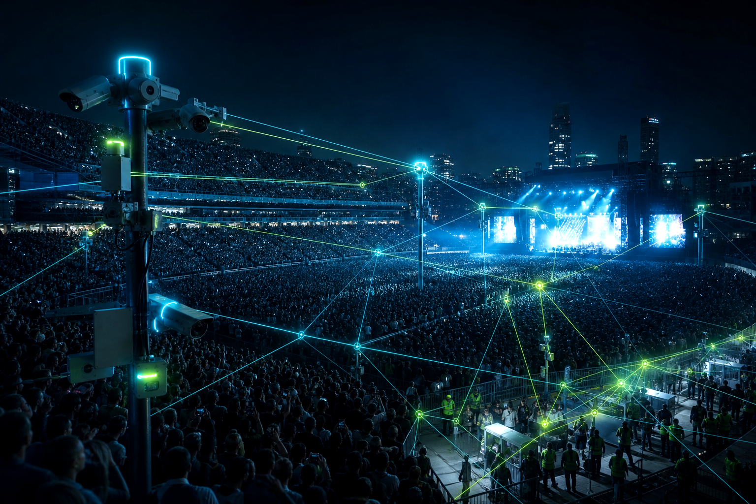 Smart stadium with cameras collaborating locally during a sold-out concert